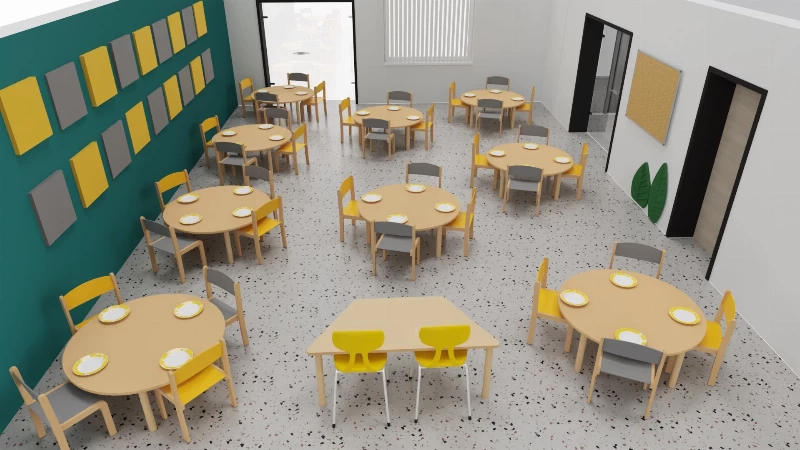 Moderná jedáleň s okrúhlymi stolmi